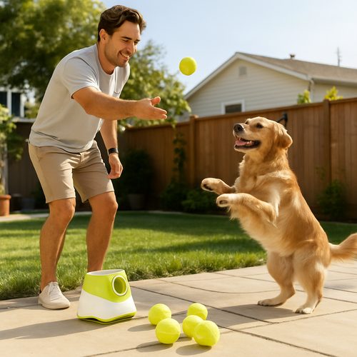 Hombre lanzando pelota a golden retriever con lanzador automático verde SplashDOGY