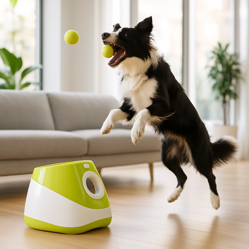 Border collie saltando a por la pelota junto al lanzador SplashDOGY en un salón moderno