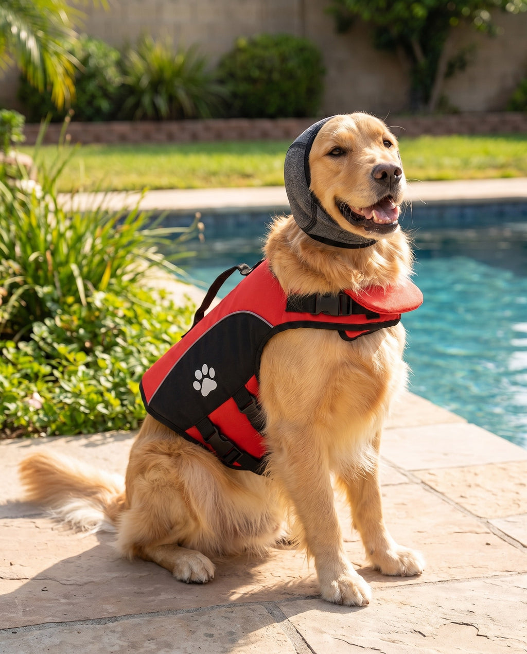 Perro con las orejeras PawFloat puestas junto a la piscina
