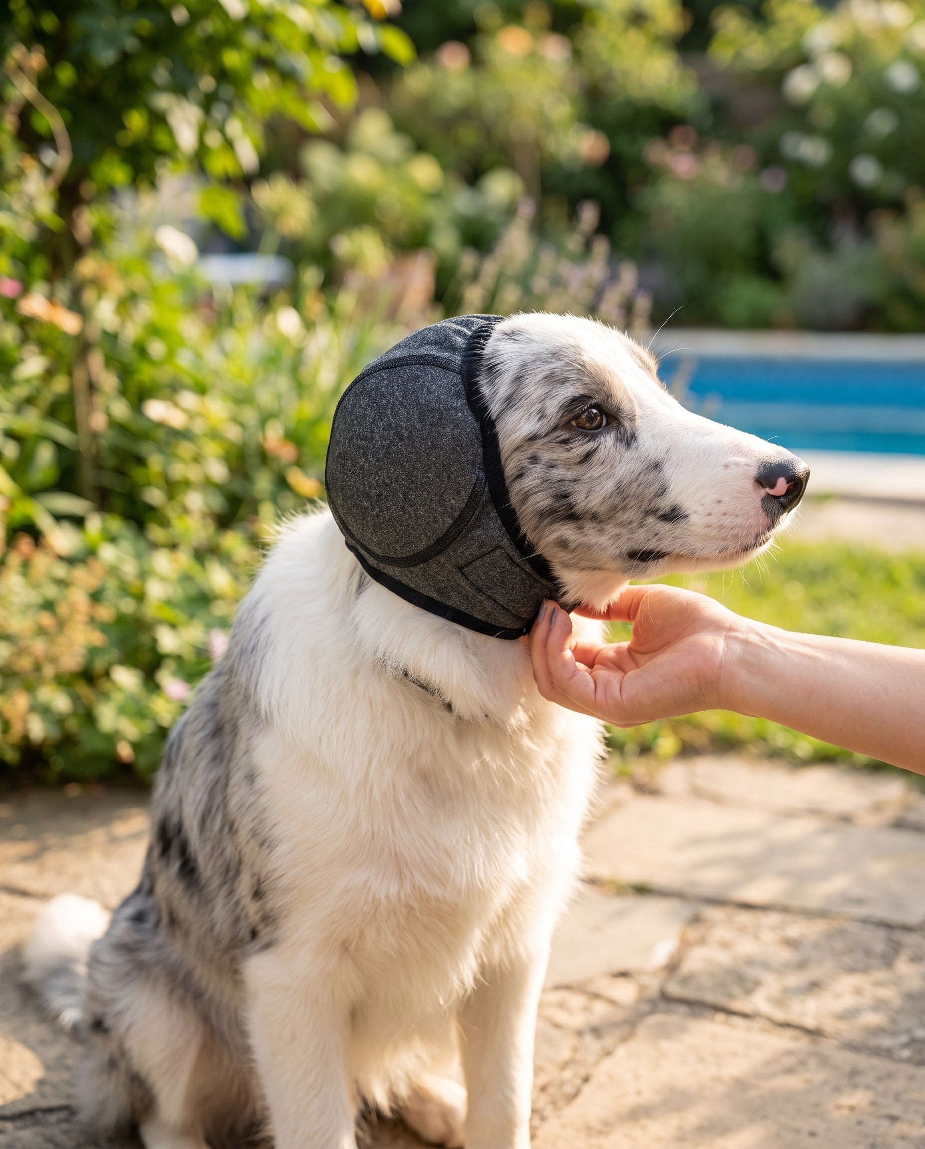 Perro con las orejeras PawFloat en el jardín