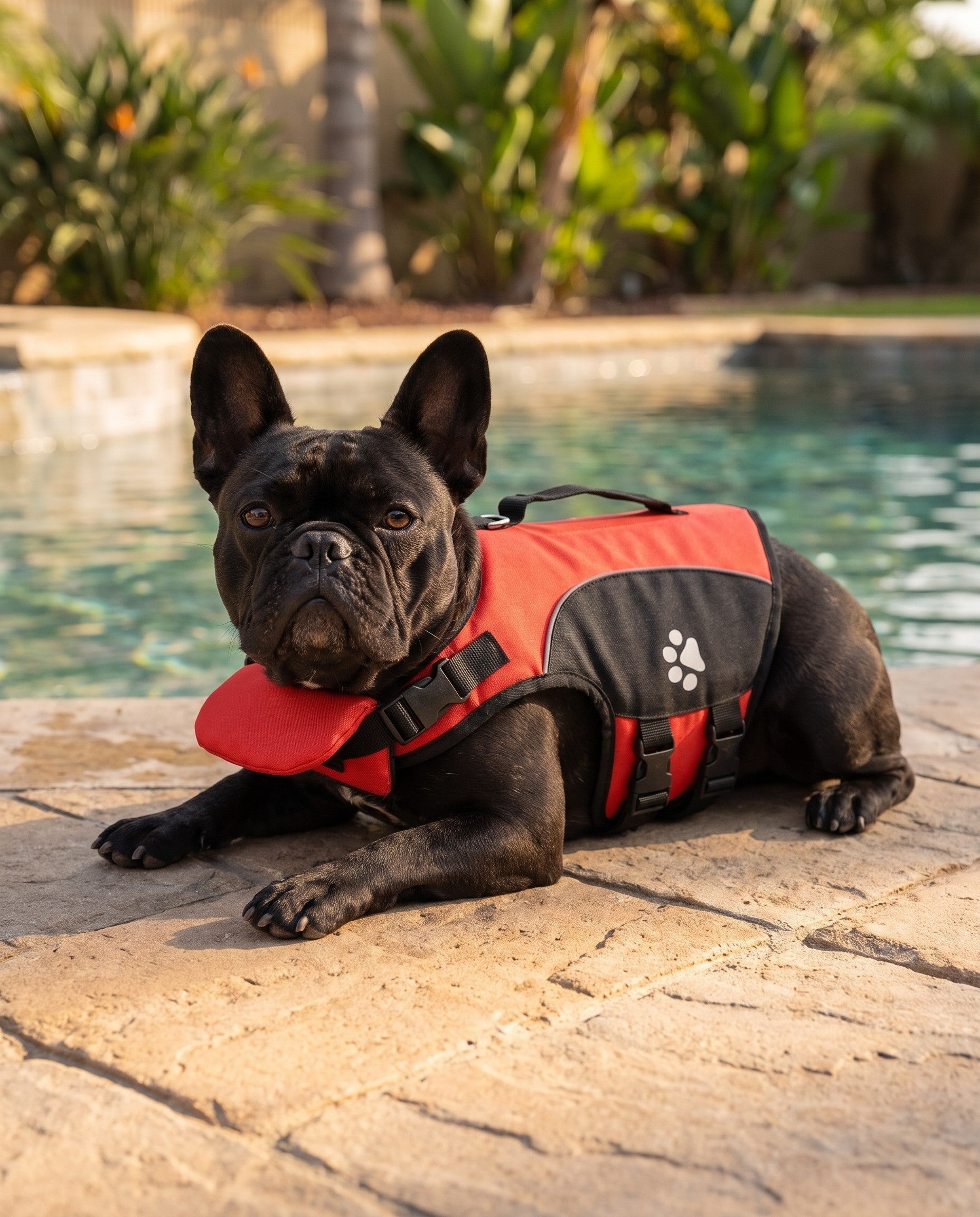 PawFloat color rojo, perro negro junto a la piscina
